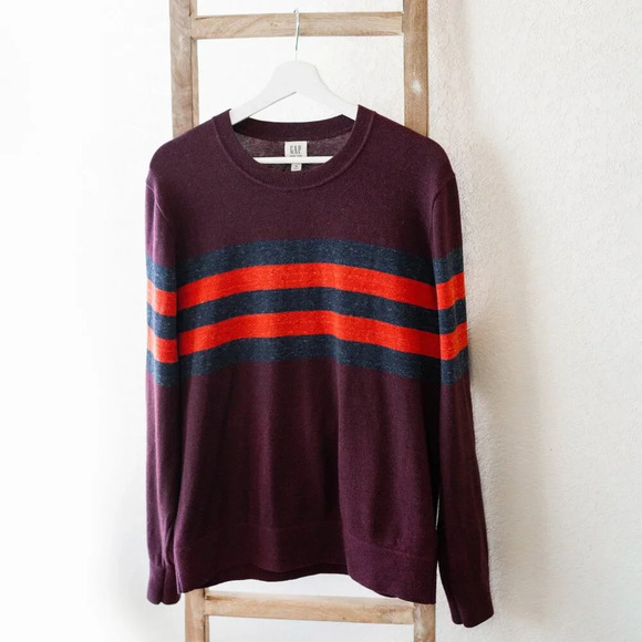 GAP FOR GOOD MAINSTAY SWEATER MENS SZ M BURGUNDY STRIPE CREWNECK CLASSIC - Picture 1 of 7